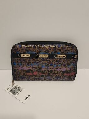LeSportsac Black Wallet with Metallic Gold and Multicolor Circles Brand New